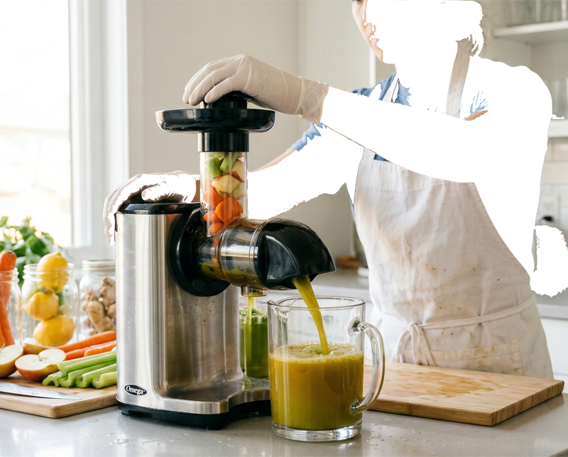 Cold press juice making process - hydraulic press extracting fresh juice with no heat at The Pressed Juice Bar Kochi