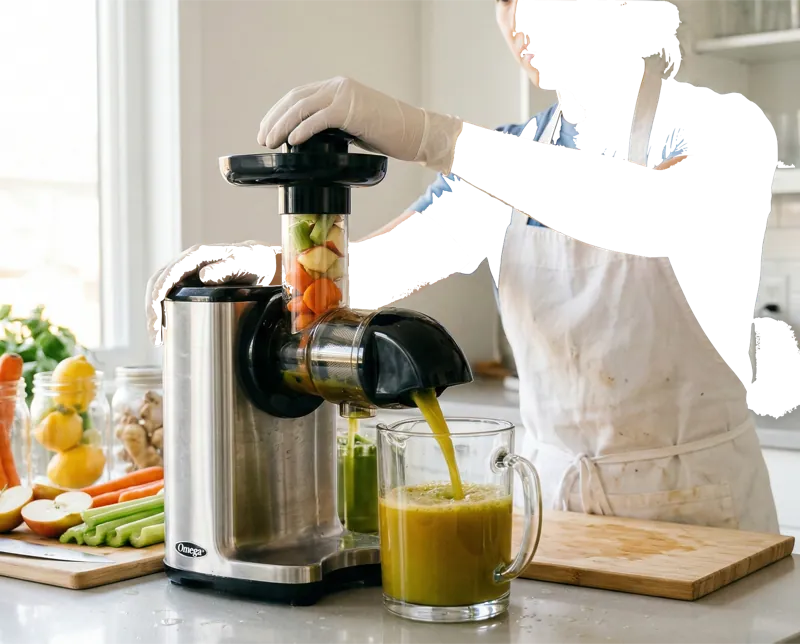 Cold press juice making process - hydraulic press extracting fresh juice with no heat at The Pressed Juice Bar Kochi