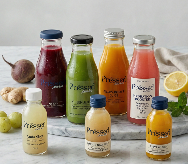 Cold pressed juice lineup - Green Juice, Glow Boost, ABC Juice and wellness shots by The Pressed Juice Bar Ernakulam
