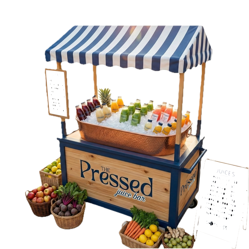 The Pressed Juice Bar juice cart serving fresh cold pressed juice across Ernakulam Kochi Kerala